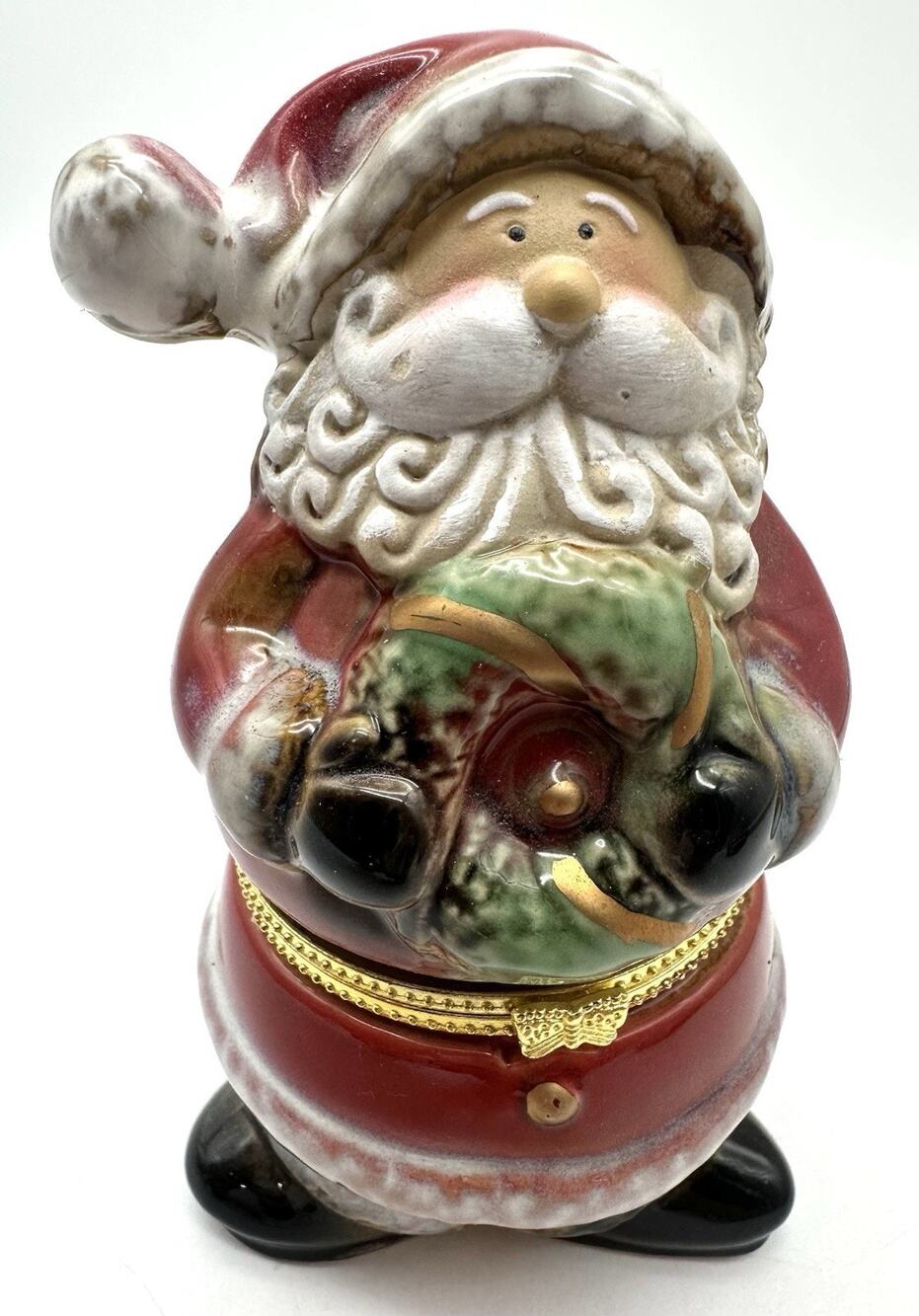 Santa Claus Holding Wreath Ceramic Trinket Box Gold Hinged Lid Vintage EUC